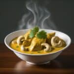 Steamy chicken korma with coconut, cream, and cashew sauce in a white bowl.