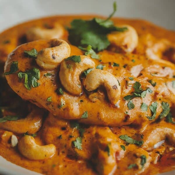 Chicken korma with cashews and cilantro in a creamy coconut and cashew sauce, displayed on a product page.